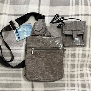 Travelon Grey Croc Anti-theft Sling Crossbody Bag with Passport Wallet NWT